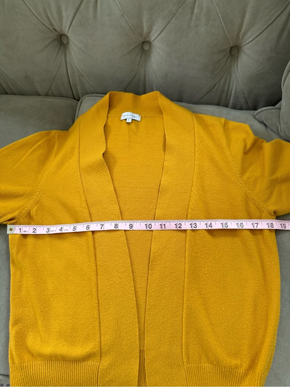 Qualfort Mustard Open-Front Knit Cardigan Sweater, Cropped Length, Large
